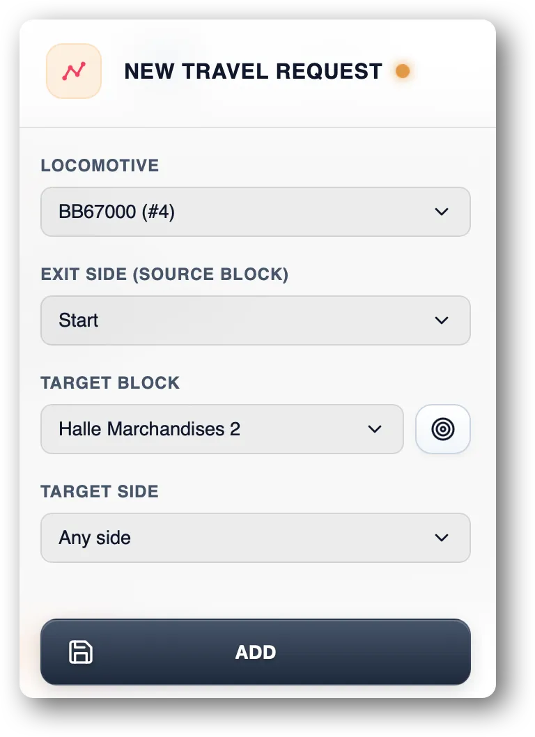 Automatic route setting model railroad travel request form in TrainPanel