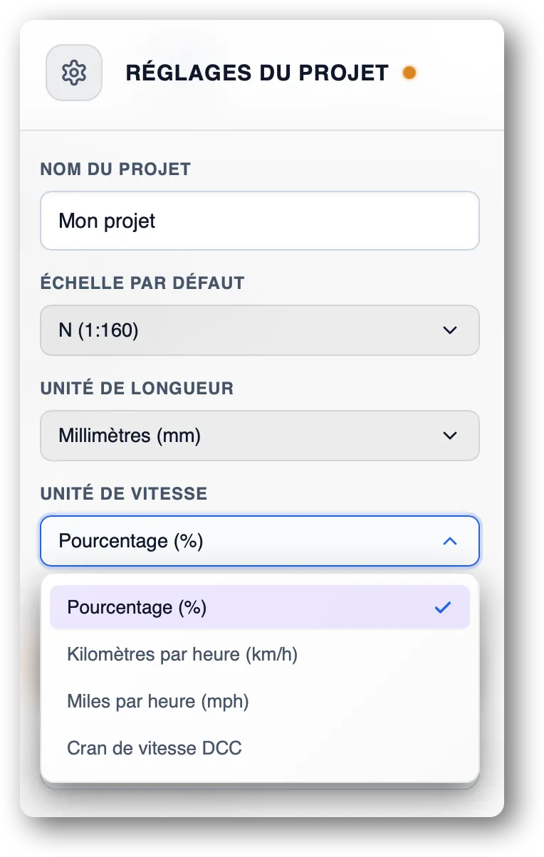Interface des paramètres globaux du projet dans TrainPanel (échelle, nom, unités de mesure)