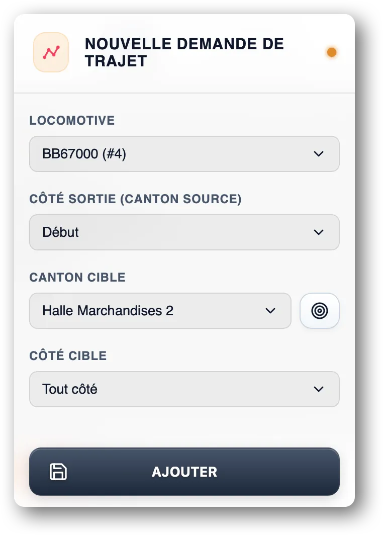 Formulaire de gestion d'itinéraires et paramètres de voyage train DCC