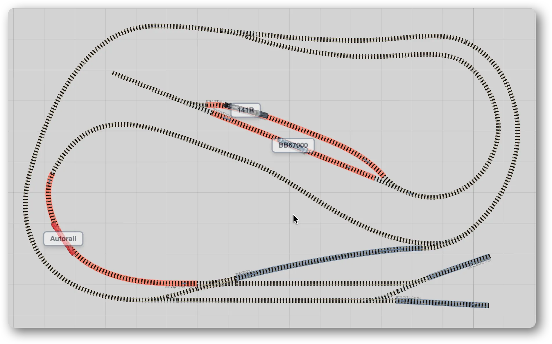 2D track plan view of a model railroad layout in TrainPanel