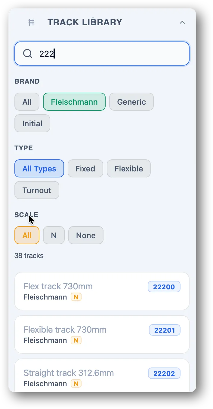 Track library inside TrainPanel, your model railway layout designer