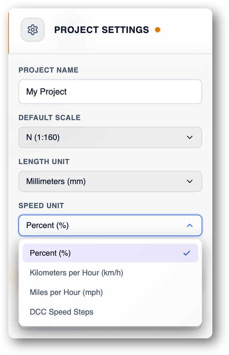 Project settings window in TrainPanel (default scale, name, units)